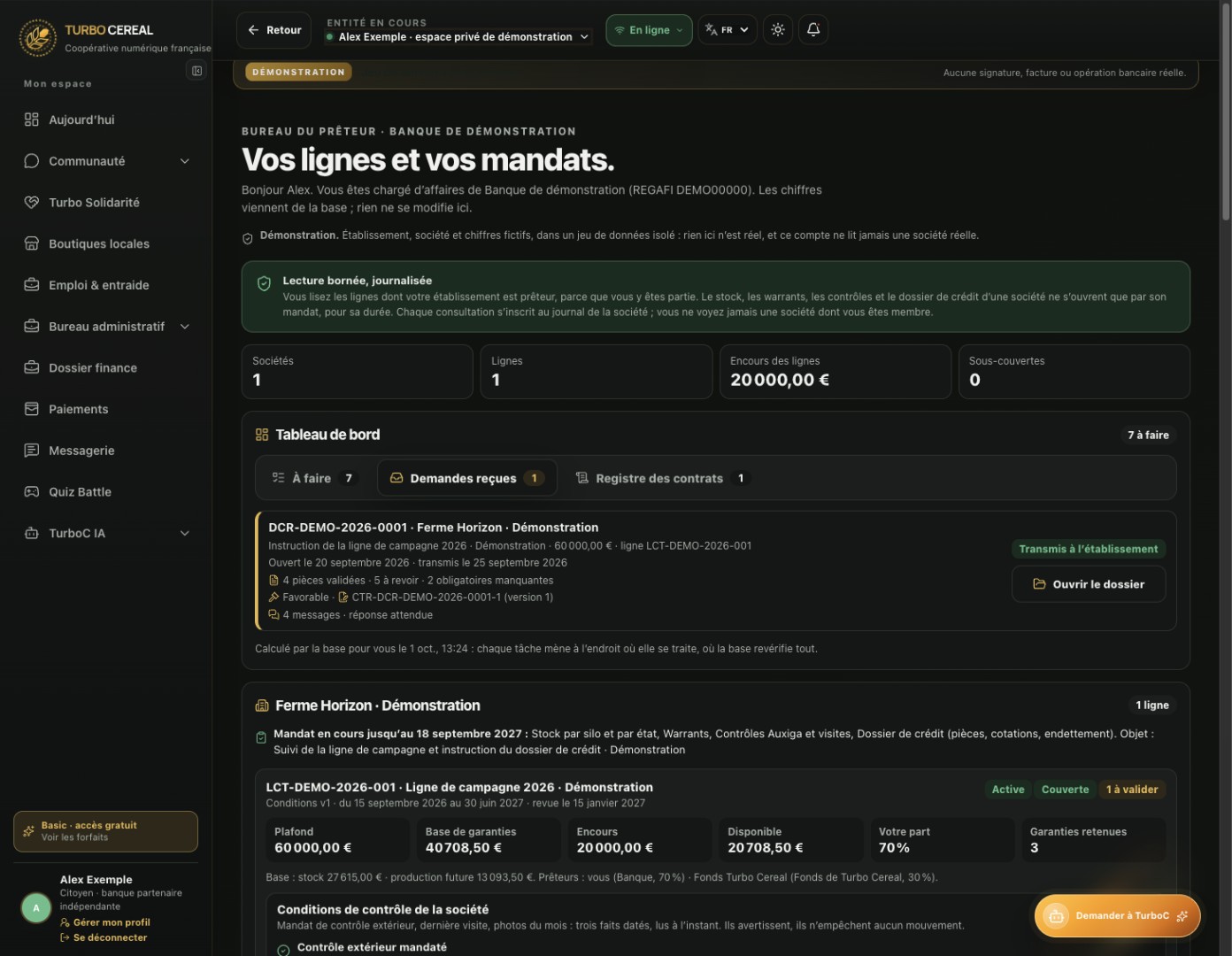 Cockpit bancaire de démonstration affichant un dossier fictif et les pièces à examiner.