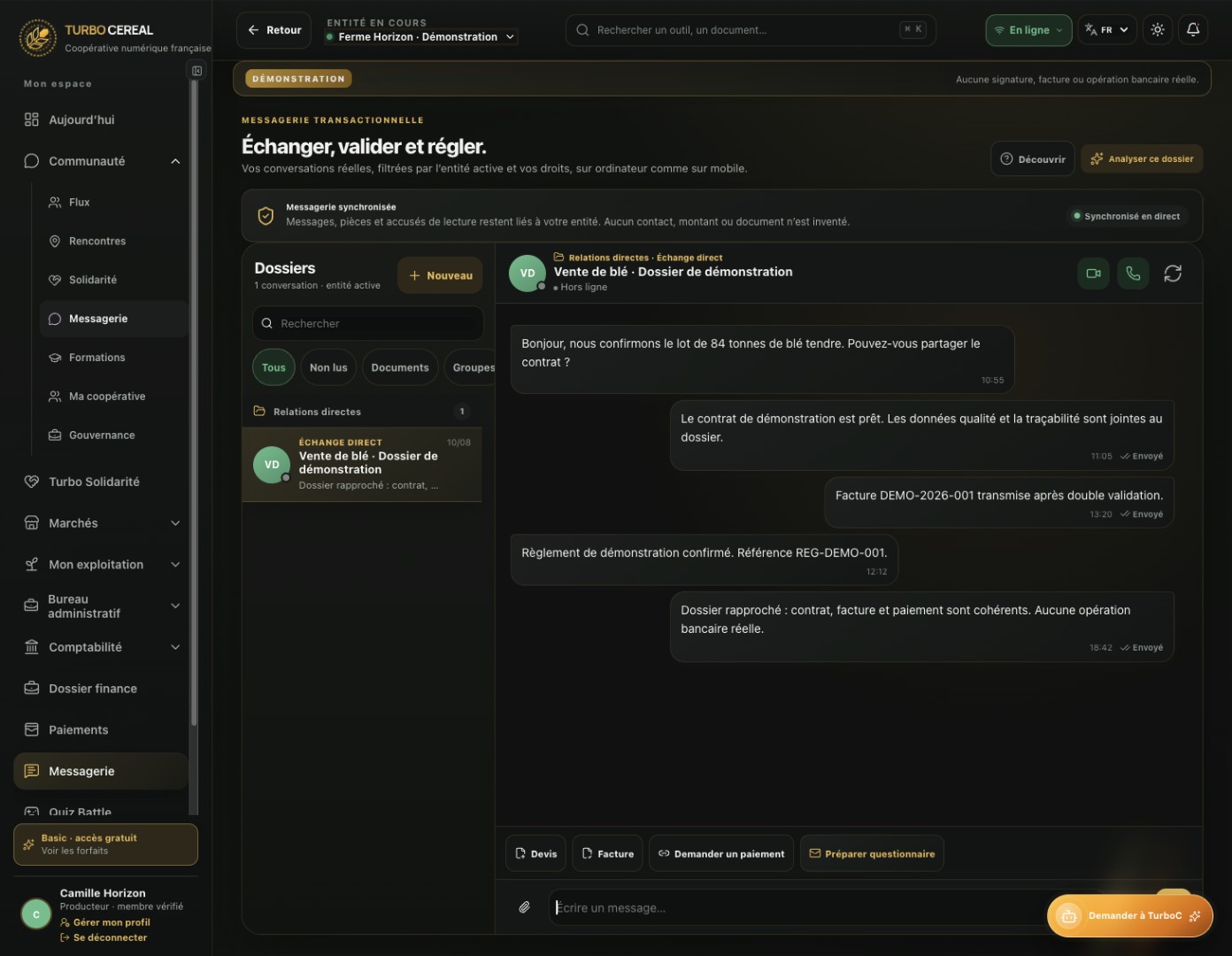 Messagerie de démonstration présentant des échanges et des documents commerciaux fictifs.