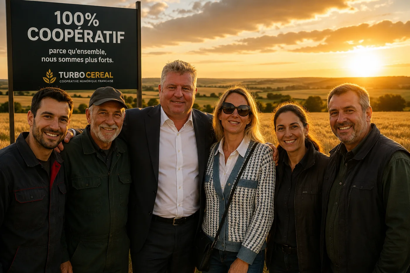 Sociétaires Turbo Cereal réunis dans un champ au coucher du soleil
